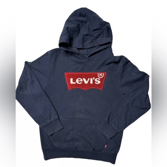 Levis Boys Blue Batwing Logo Crewneck Solid Sweatshirts Fleece Pullover Hoodie L - Picture 1 of 12